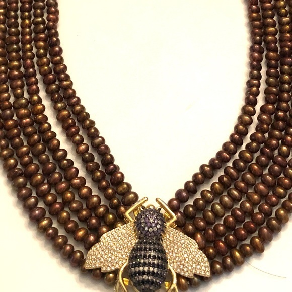 6 Row Genuine Cultured Golden Pearl Necklace with Pave Bee - Picture 3 of 11